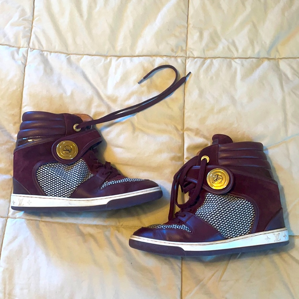 LV Leather/ suede High-Top Wedge mauve maroon Sneakers